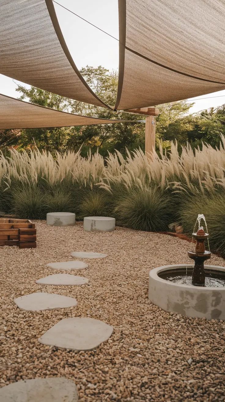This may contain: an outdoor area with stones, gravel and water fountain in the center surrounded by tall grasses