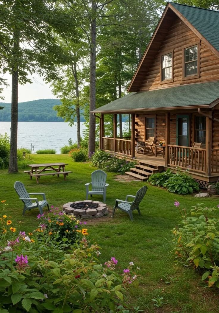 This may contain: a log cabin with chairs around a fire pit in the grass near flowers and trees