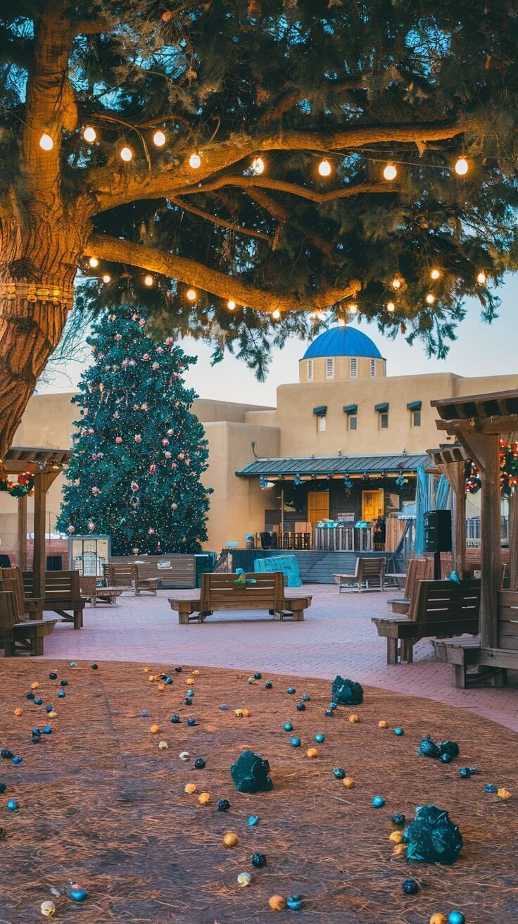 This may contain: a large tree with lights hanging from it's branches in front of a building