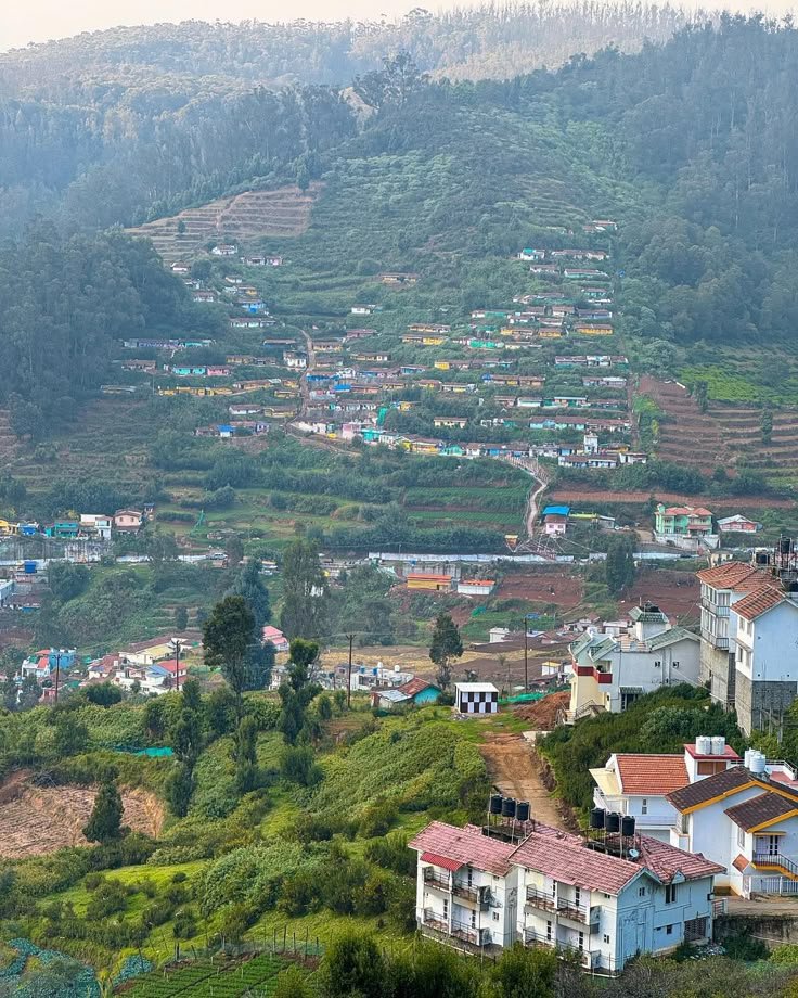 This may contain: an aerial view of houses on a hillside in the distance, surrounded by trees and mountains