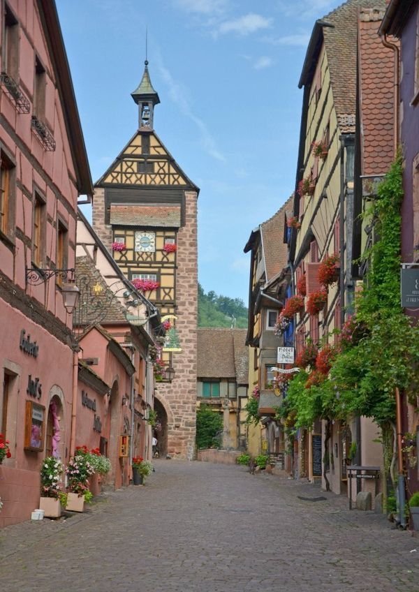 This may contain: an alley way with buildings and flowers on either side
