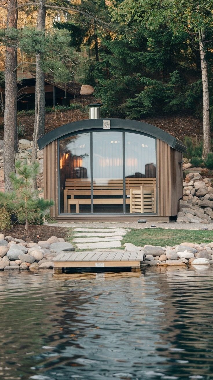 This may contain: a small boathouse sitting on top of a lake