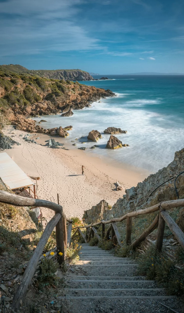This may contain: stairs leading down to the beach and ocean