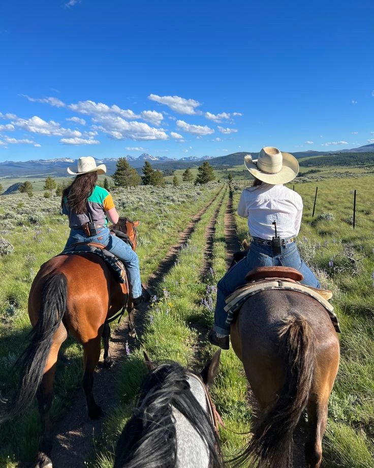 This may contain: two people riding horses on a trail in the middle of an open field with trees