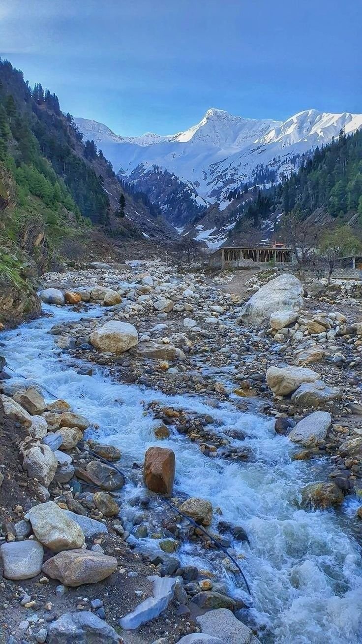 This may contain: a river running through a lush green forest filled with snow covered mountains in the distance