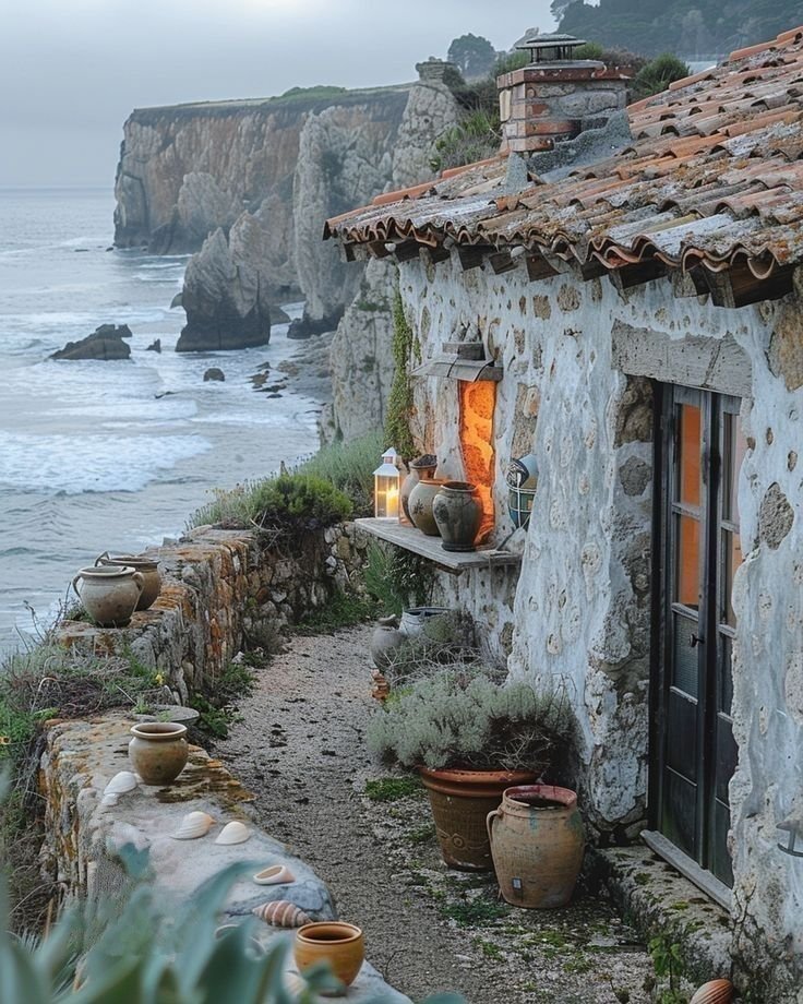 This may contain: an old stone house next to the ocean with potted plants and lights on it