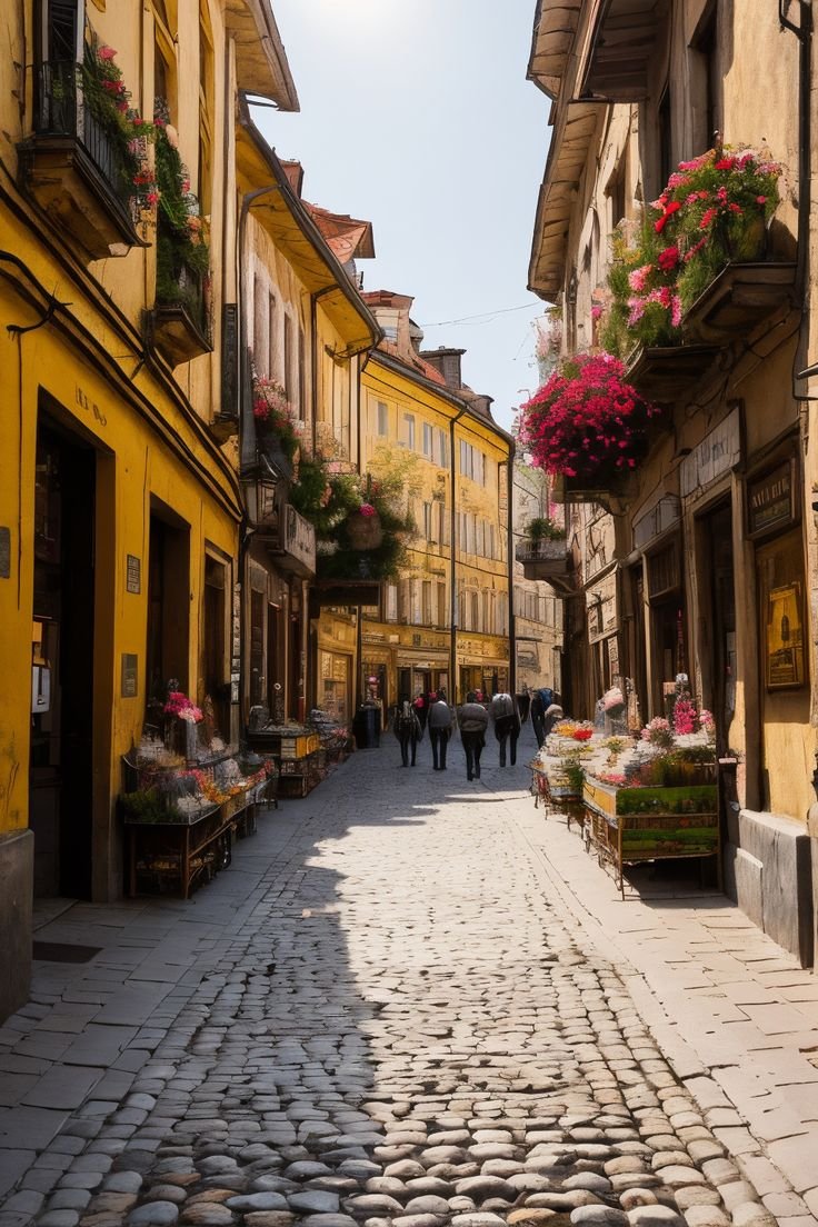 This contains: Everything you need to know about Lviv's Old Town! Explore the vibrant market, admire the architecture, and soak in the warm afternoon light. Discover the magic of Lviv! #Lviv #travel #flowers #market #Ukraine