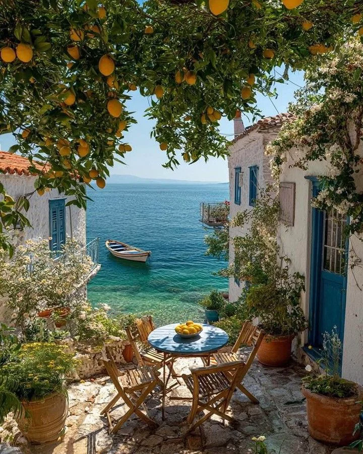This may contain: an outdoor table and chairs with oranges on it near the water's edge