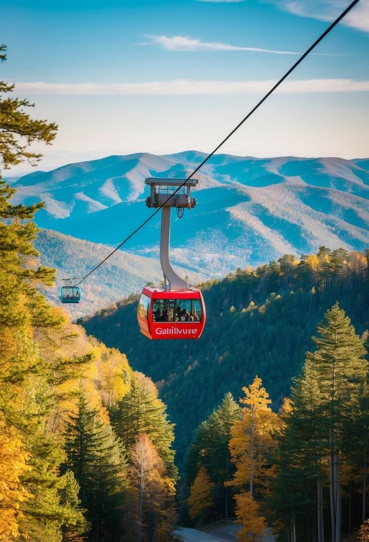This may contain: a red cable car going up the side of a mountain with trees on both sides