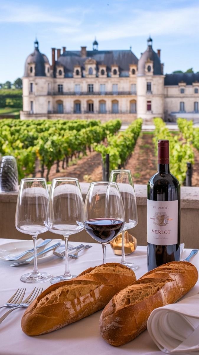 This may contain: wine glasses and bread sit on a table in front of a large building with vineyards