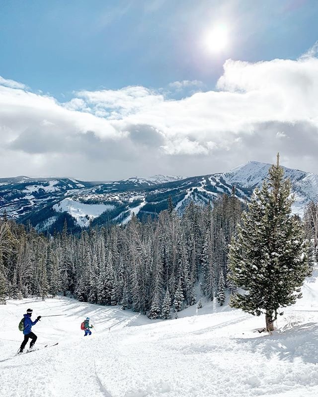 This may contain: two people skiing down a snow covered slope with mountains in the background and trees on both sides