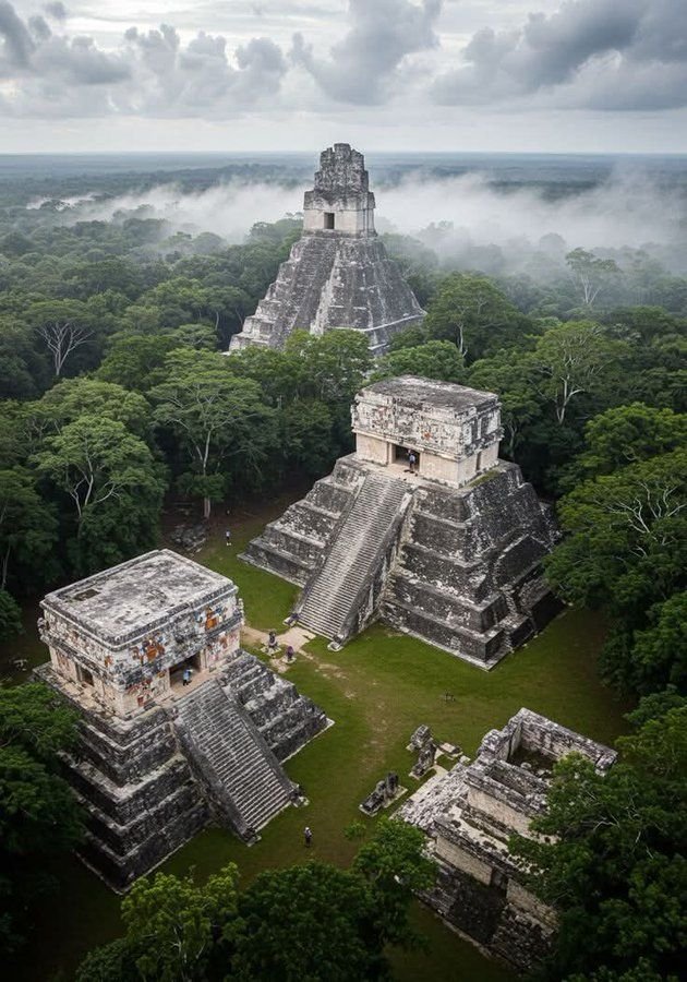 This may contain: the pyramids are surrounded by trees and fog