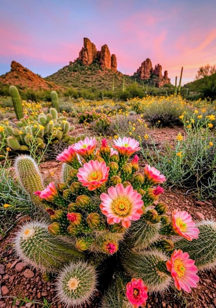 This may contain: a cactus with pink flowers in the desert