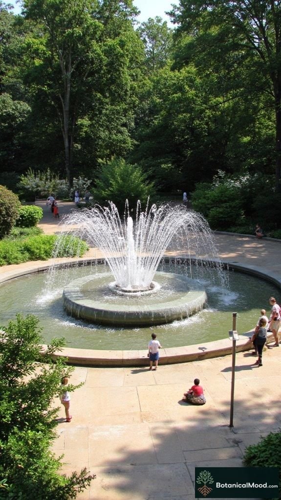 This may contain: people are standing around a fountain in the park
