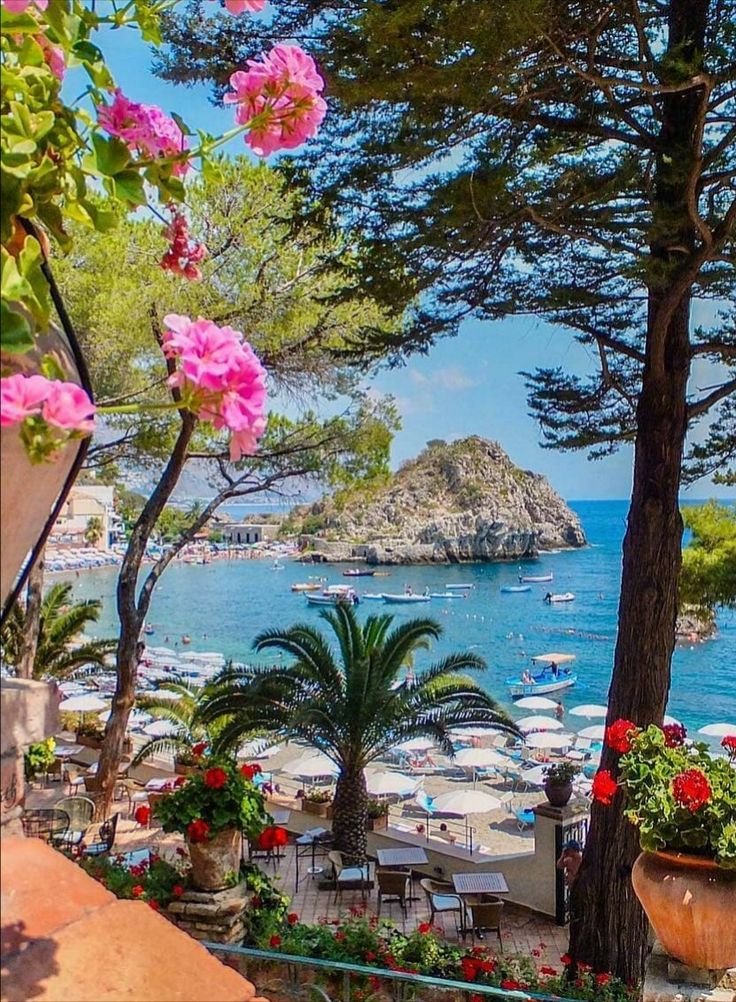 This may contain: an outdoor area with tables and chairs overlooking the water's edge, pink flowers are in bloom