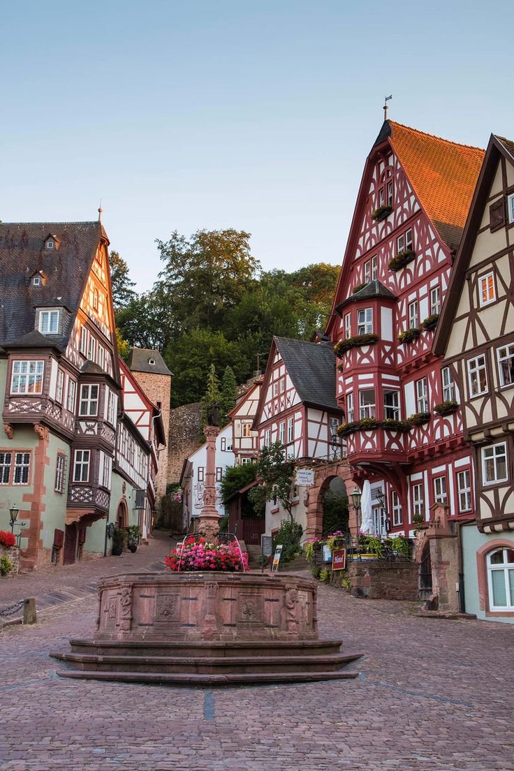 This may contain: an old town square with buildings and a fountain in the center, surrounded by flowers