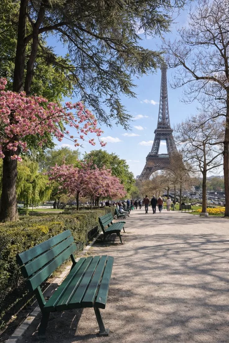 This may contain: two green benches sitting next to each other on a sidewalk near the eiffel tower