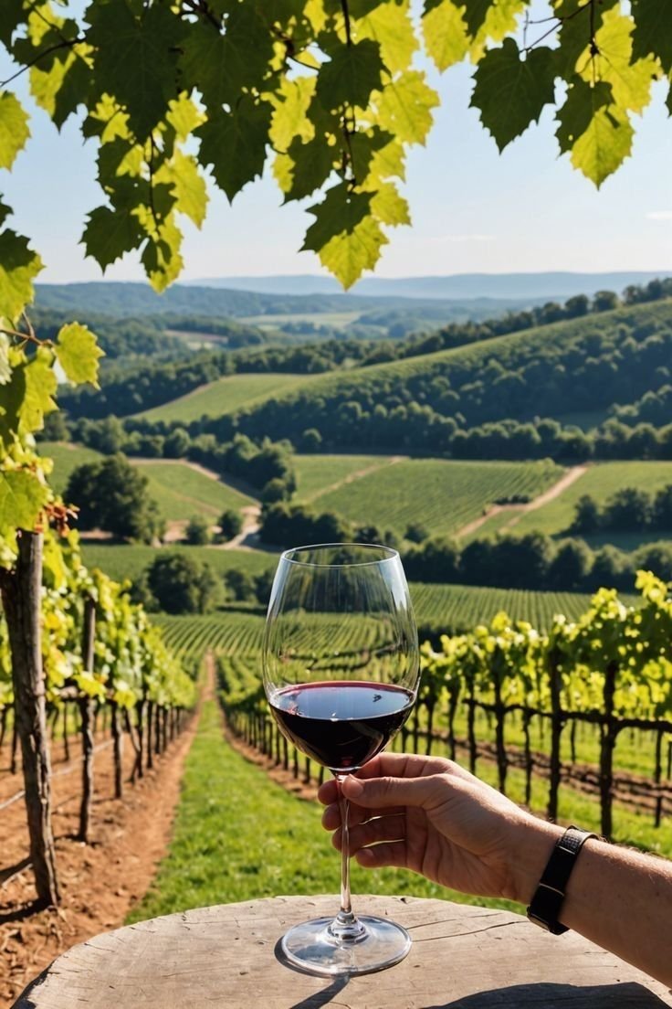 This may contain: a person holding a glass of wine in front of a vineyard with green hills and trees