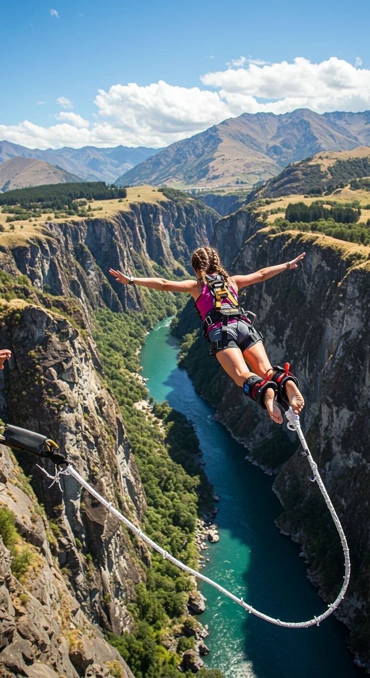 This may contain: a woman on a bungee high up in the air over a river and mountains