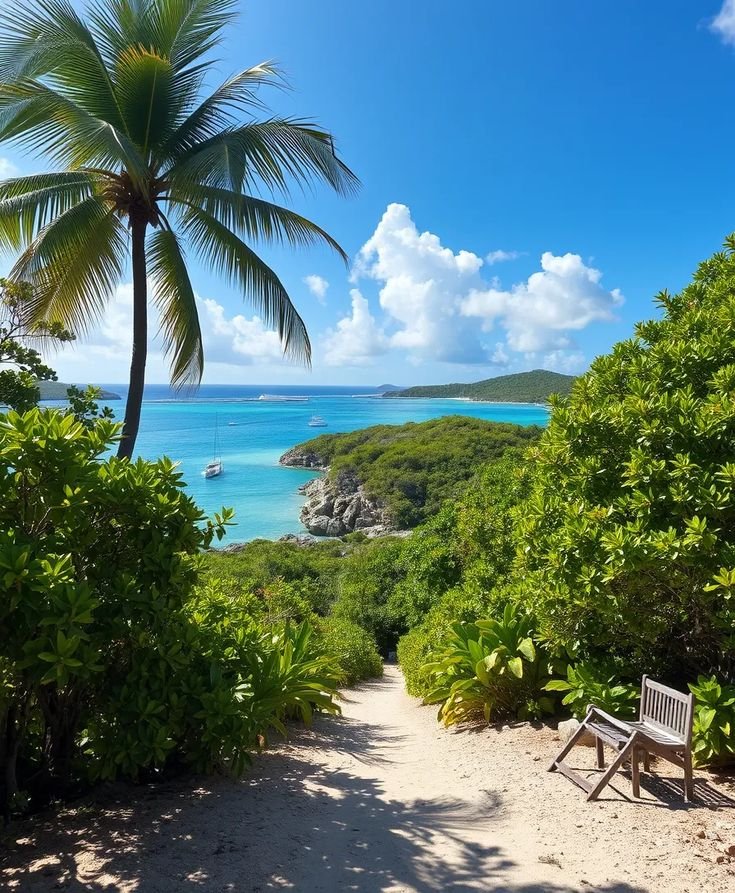 This may contain: a wooden bench sitting on top of a lush green forest covered hillside next to the ocean