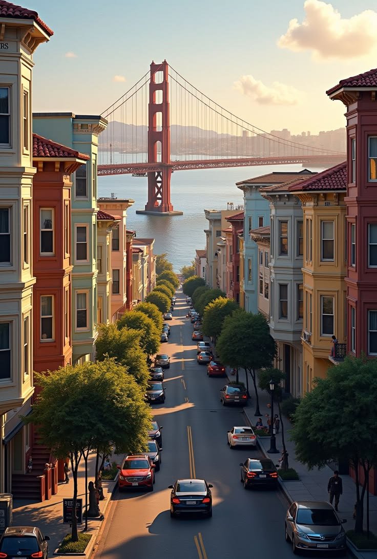 This may contain: the golden gate bridge is in the background as cars are driving down the street below