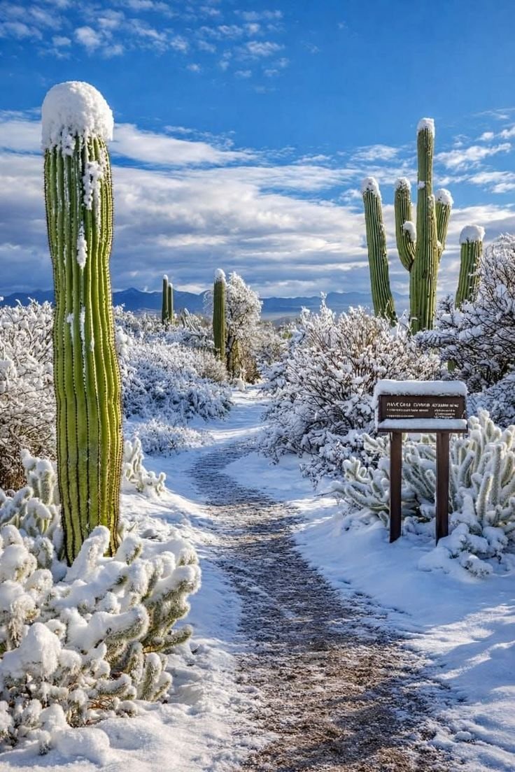 This may contain: a snow covered path leading to several cactus trees and bushes with signs in the foreground