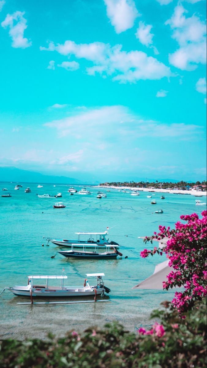 This may contain: there are many boats in the water and one boat is out on the ocean shore