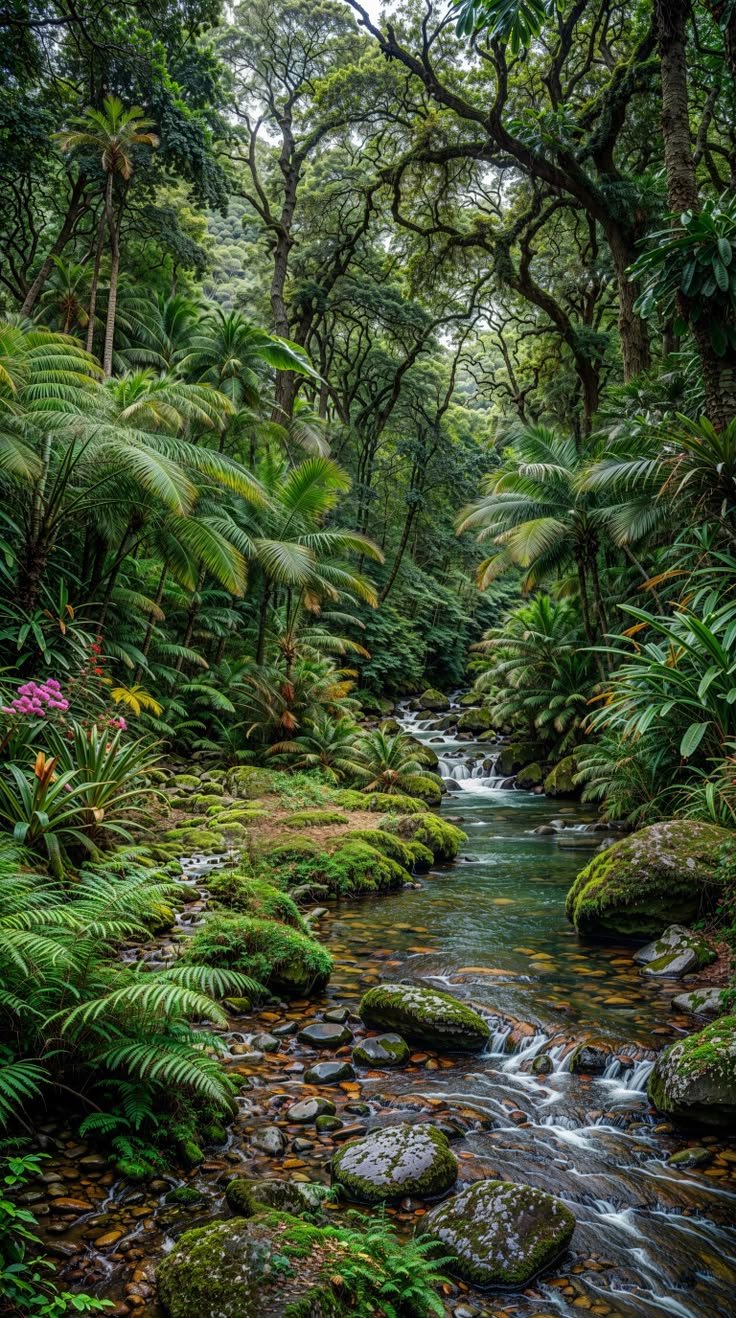 This may contain: a stream running through a lush green forest filled with lots of trees and plants on both sides