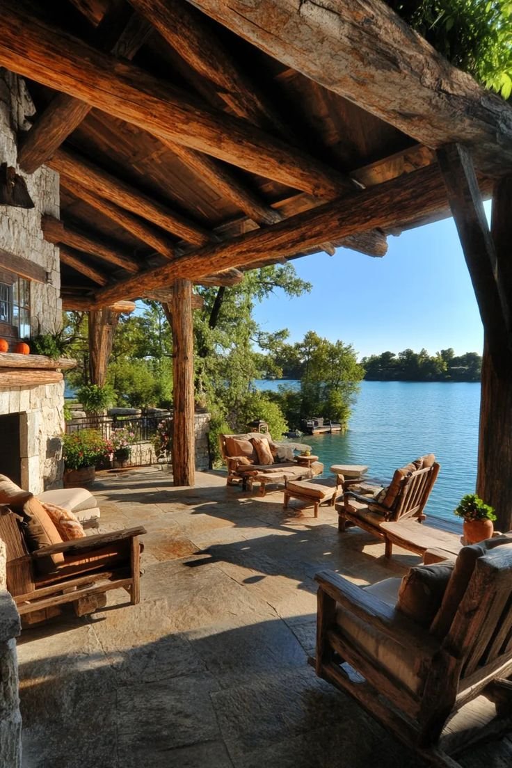 This contains: Spacious lake house deck featuring natural elements warm wood tones and stunning lakeside vistas