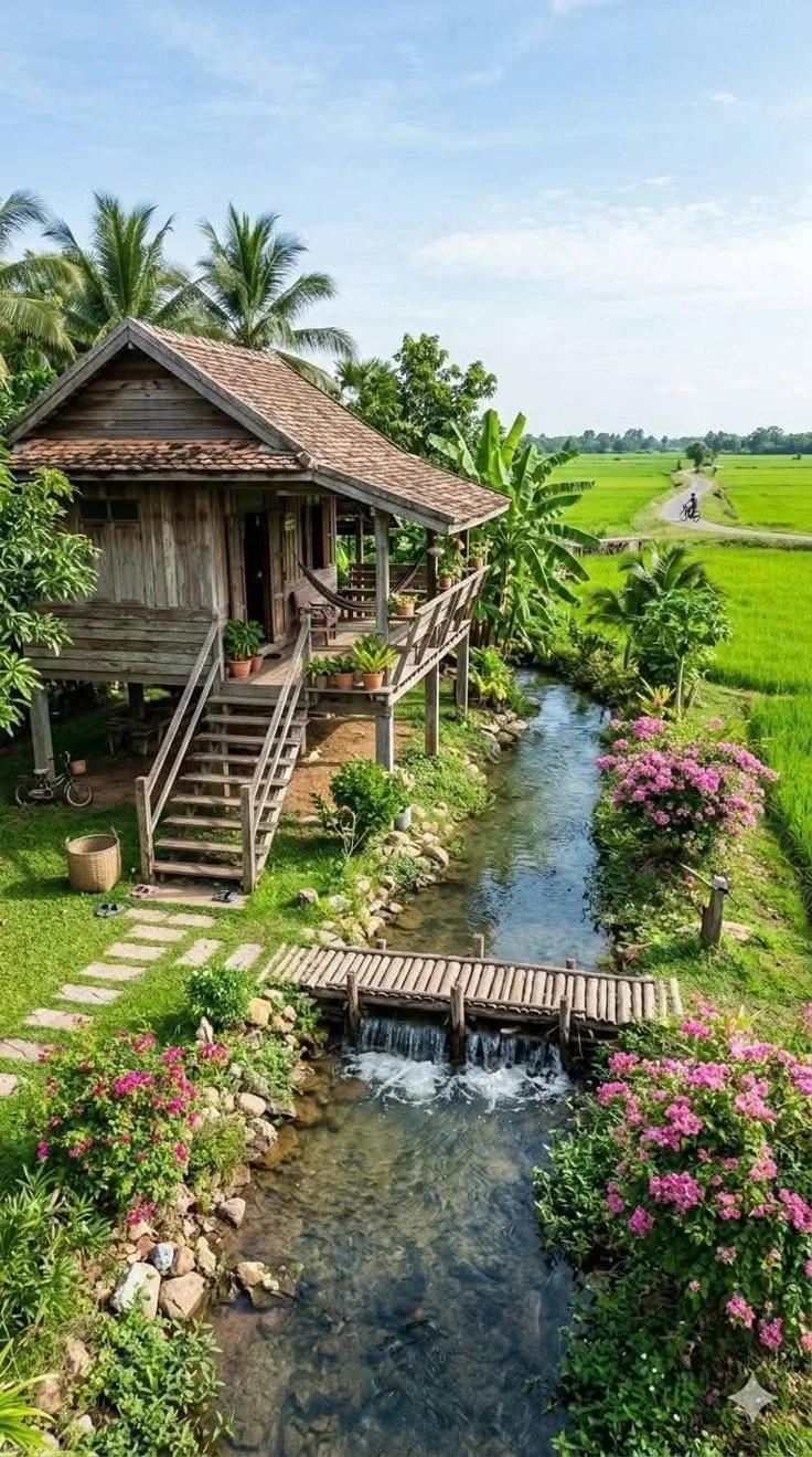 This may contain: a small wooden house sitting on top of a lush green field next to a river