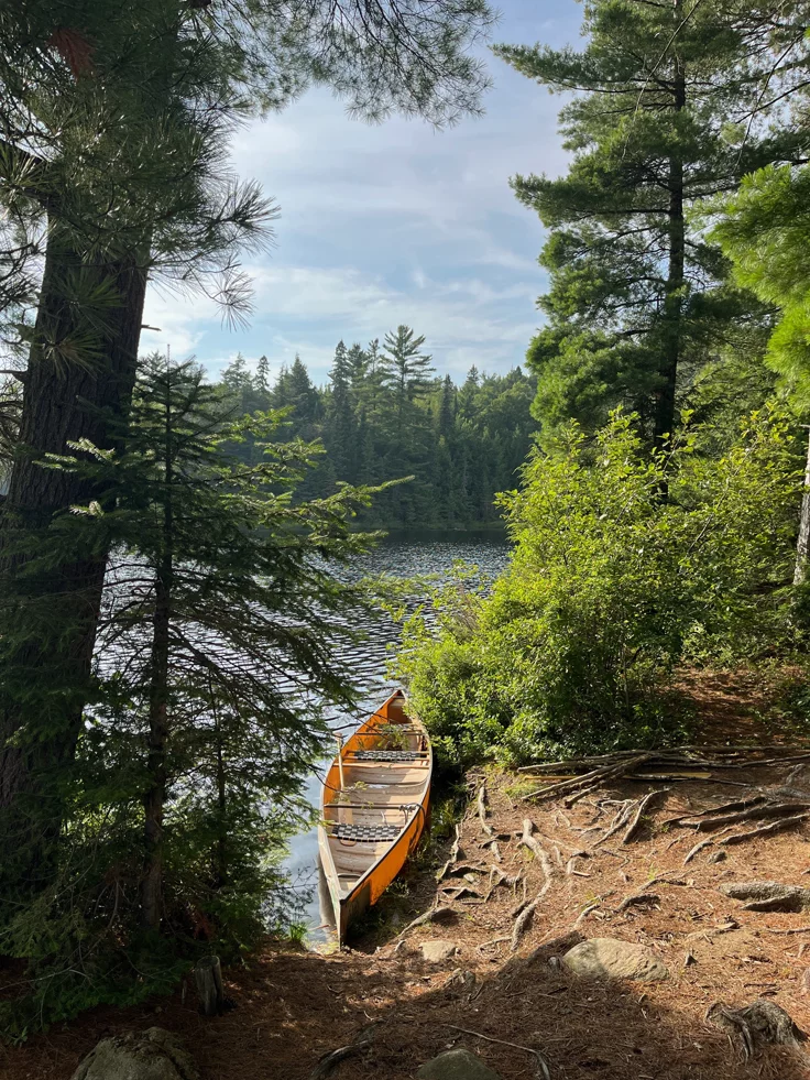 This may contain: a canoe sitting on the shore of a lake