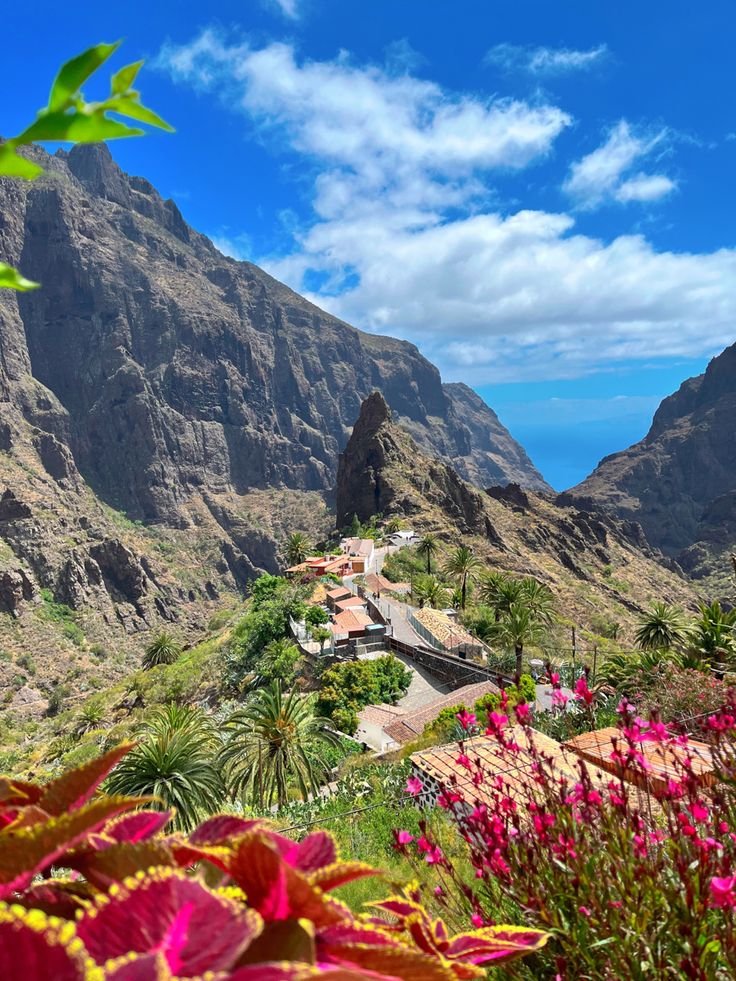 This may contain: the mountains are full of flowers and trees