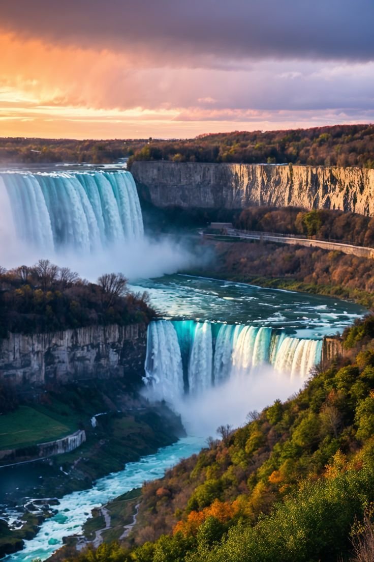 This contains: Complete guide to Niagara Falls at blue hour: a vibrant spectacle of color with a rainbow arching over the powerful cascades. Witness the magic of this 4K natural wonder with hues of electric blue, royal purple, intense red, deep blue, turquoise, emerald green, sunny yellow, and fiery orange. Experience the breathtaking beauty and plan your visit today!
