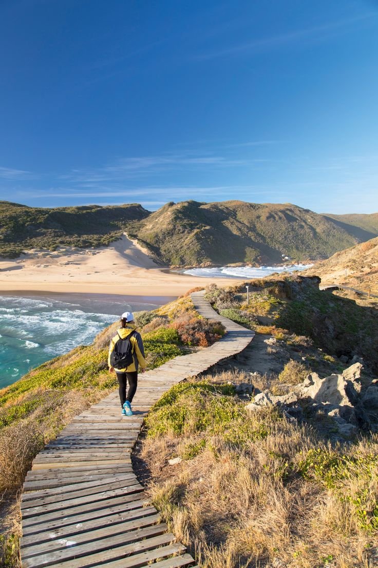 This may contain: a person walking up a wooden path next to the ocean