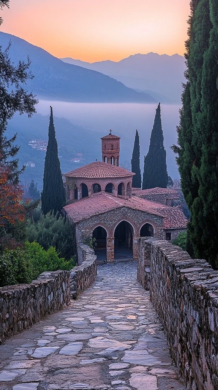 This may contain: a stone walkway leading to an old building
