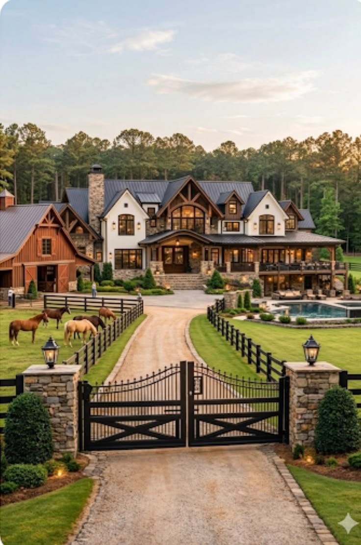 This may contain: a large house with a driveway leading to it and horses grazing on the grass in front
