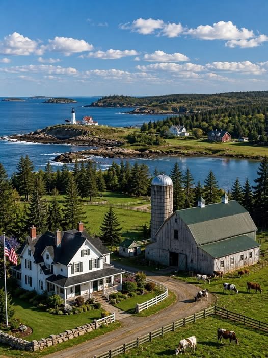 This may contain: an aerial view of a farm and the ocean