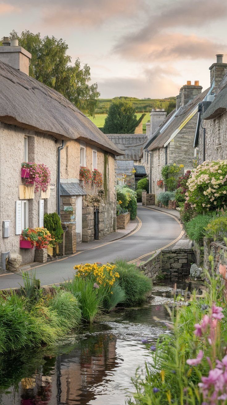 This may contain: a river running through a small village next to tall buildings with flowers growing on them