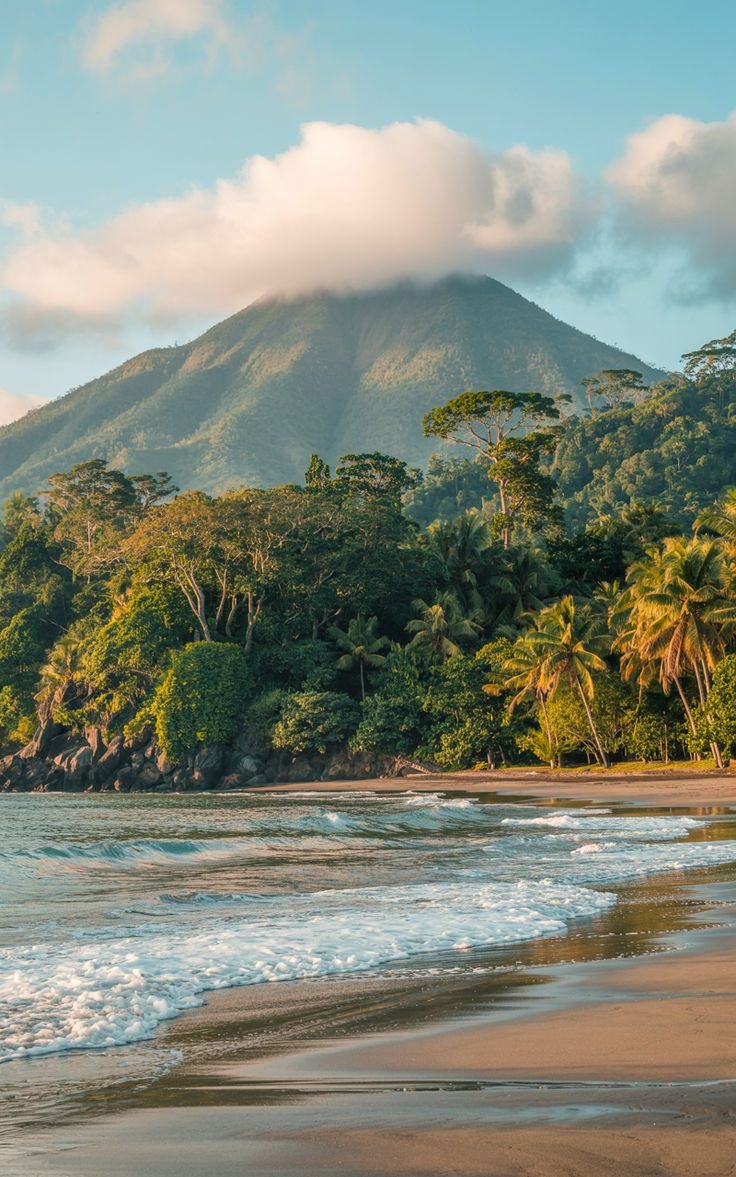 This may contain: a beach with waves coming in to the shore and trees on the hill behind it