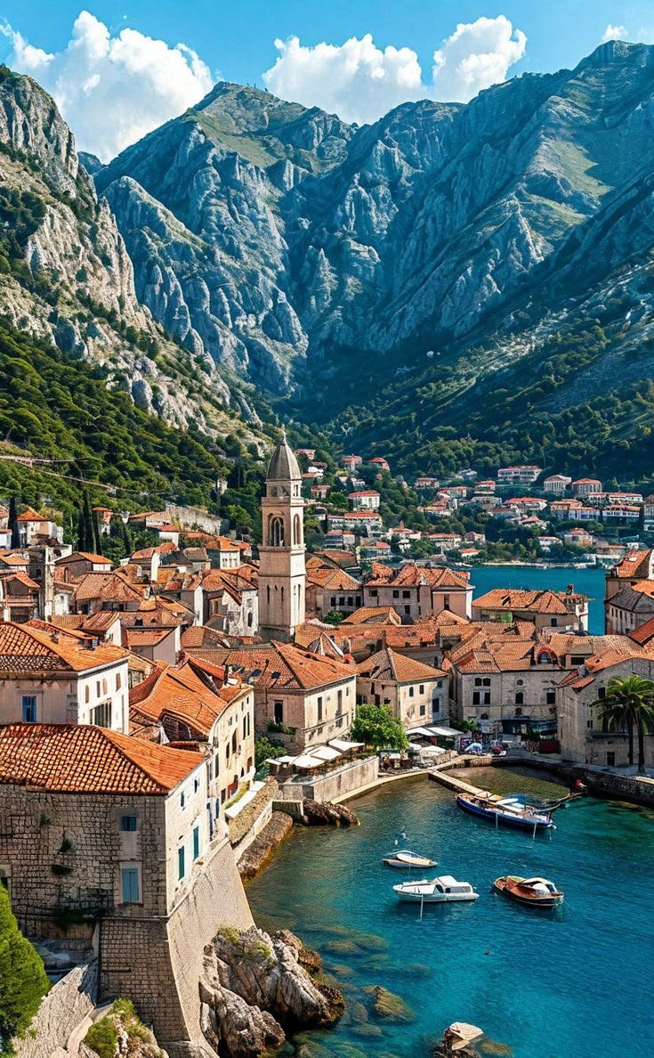 This may contain: the town is surrounded by mountains and blue water with boats floating on the river below
