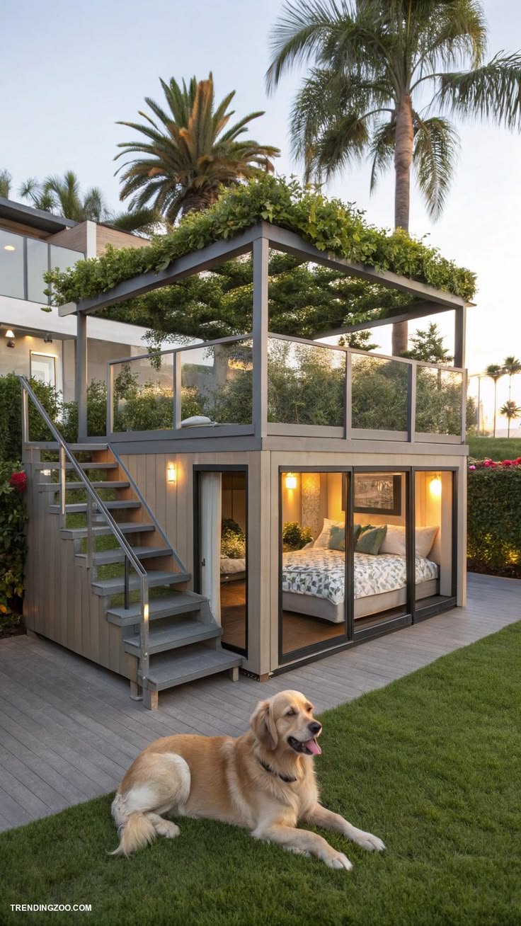 This may contain: a dog laying on the grass in front of a house with stairs leading up to it