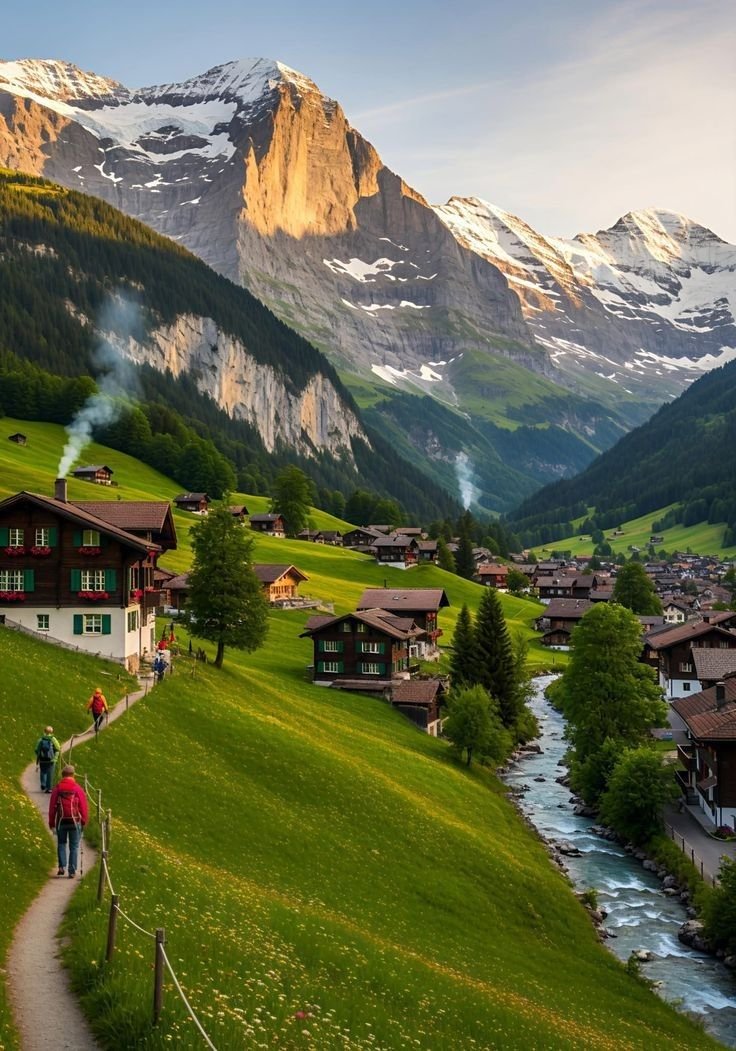 This may contain: people are walking down a path in front of some houses and mountains with snow on the tops