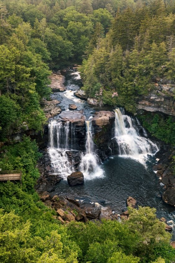This may contain: a large waterfall surrounded by lush green trees
