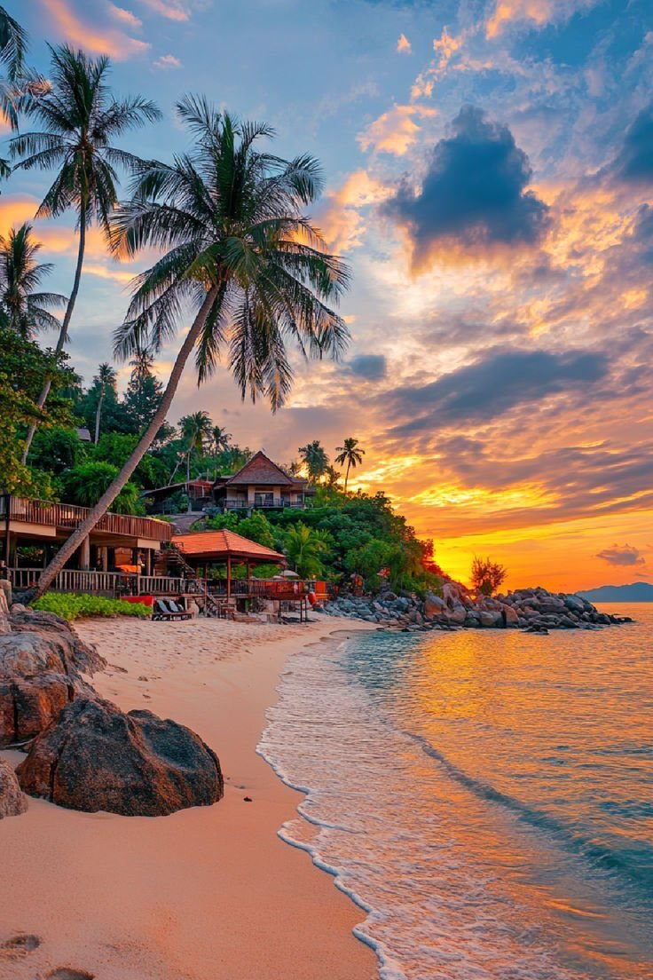 This may contain: a beach with palm trees and houses in the background at sunset or sunrise on an island
