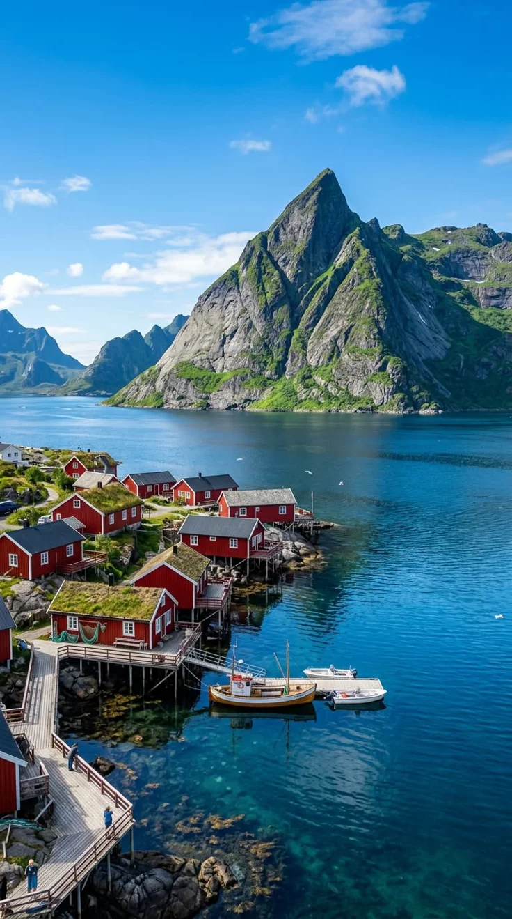 This may contain: an aerial view of a small village on the water with mountains in the back ground