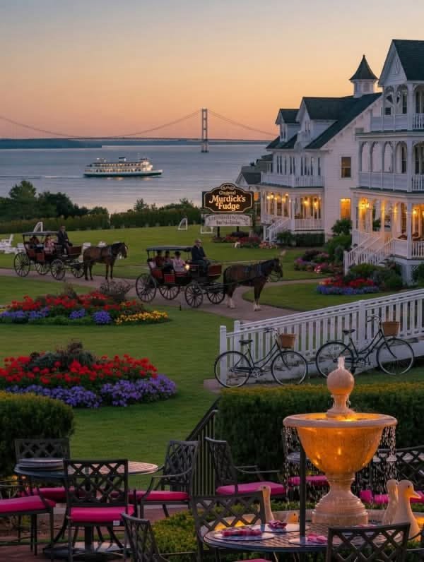 This may contain: a horse drawn carriage parked in front of a white house with flowers and bushes around it