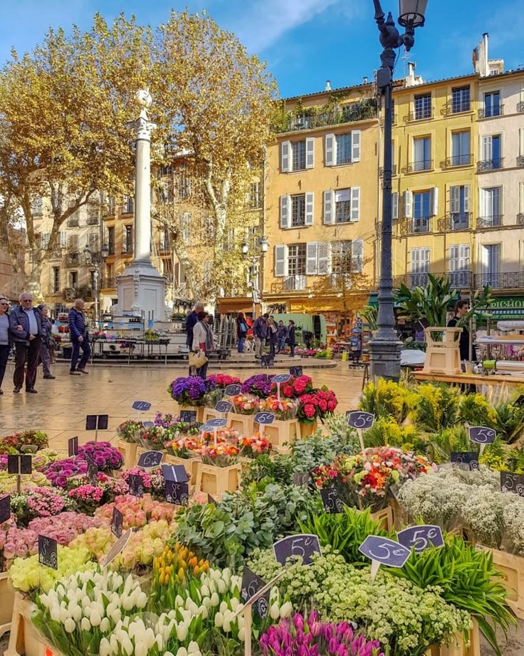 This may contain: people are walking around in the middle of a city square with lots of flowers on display