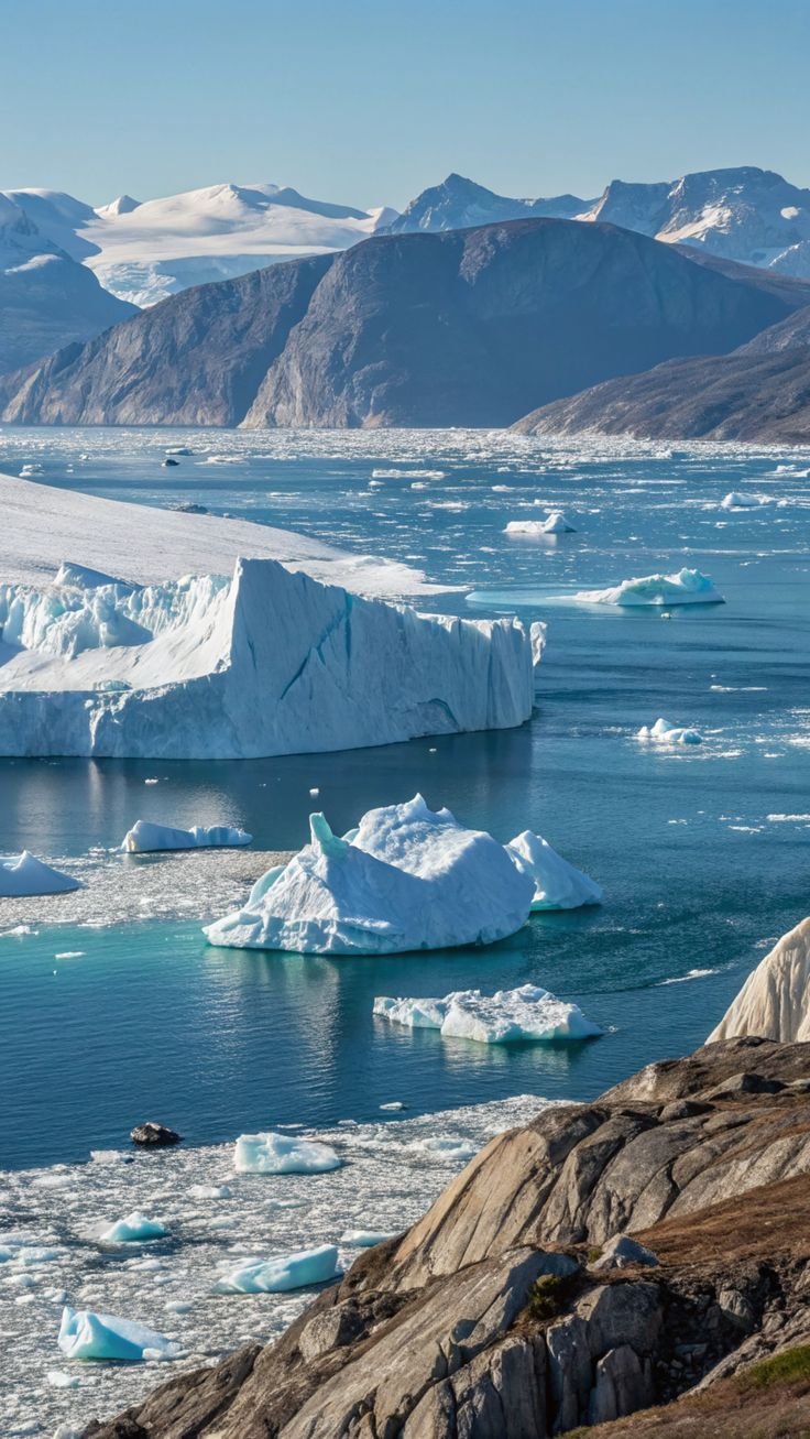 This may contain: icebergs floating in the water with mountains in the background