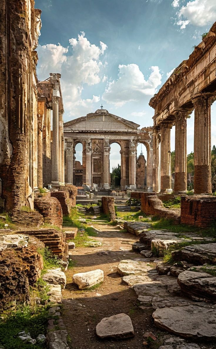 This may contain: the ruins of an ancient city under a cloudy sky