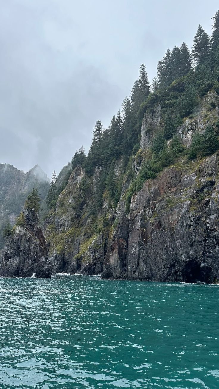 This may contain: there is a boat that is in the water near some rocks and trees on the shore